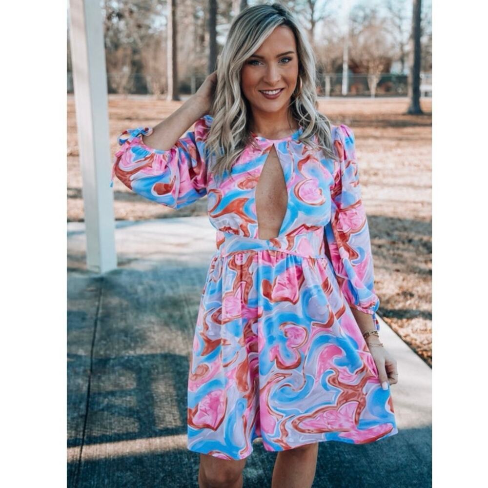 Milk & Honey Boutique Coral Multi Swirl‎ Cutout Long Sleeve Midi Dress NEW~NWT!!